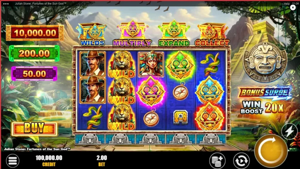 Julian Stone: Fortunes of the Sun God slot game interface showing Aztec ruins and explorer theme