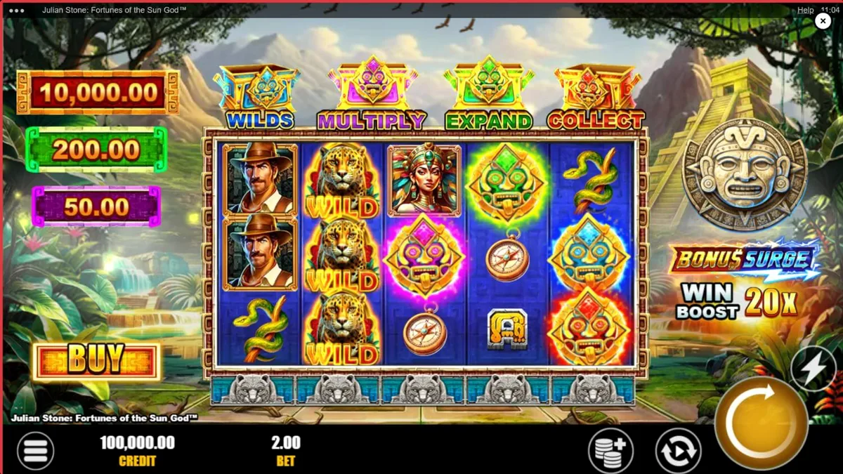 Julian Stone: Fortunes of the Sun God slot game interface showing Aztec ruins and explorer theme